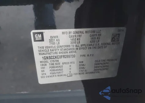 2015 Chevrolet Tahoe Ltz from USA, damaged, VIN 1GNSCCKC0FR289739